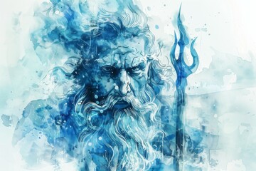 Neptune God of Sea portrayed in watercolor as mythical Roman deity wielding ocean trident - obrazy, fototapety, plakaty