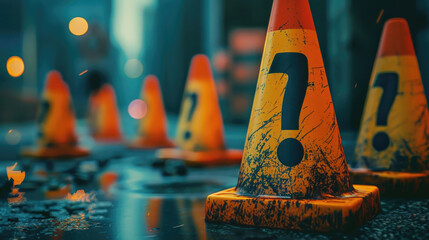 Group of traffic cones on the side of a road, suitable for construction or road safety concepts