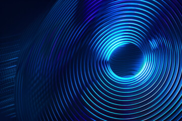 Abstract glowing circle lines on dark blue background. Geometric stripe line art design.