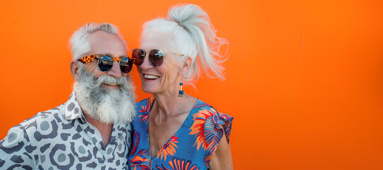 Caucasian modern cool couple wearing colorful outfit and sunglasses over orange background with copy space - obrazy, fototapety, plakaty