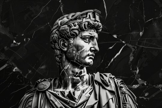 Trajan the ancient Roman Emperor depicted in a black and white marble statue