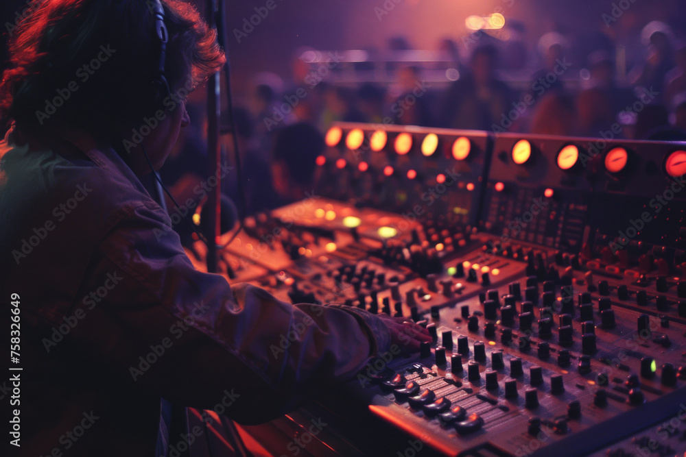 Poster a man sitting in front of a mixing board. ideal for music production