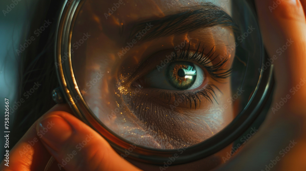 Poster close up of a person looking through a magnifying glass. suitable for educational and research conce