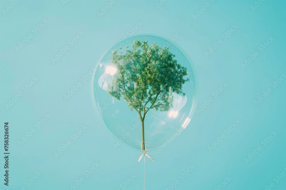 Poster A tree enclosed in a bubble floating in the air. Suitable for fantasy and surreal concepts