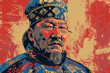 Genghis Khan portrayed as a Mongol leader in a vibrant pop art style illustration