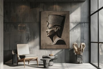 Modern interior with Ramses II Egyptian Pharaoh minimalist artwork and stylish decor elements