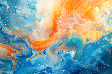 Luxury Abstract Ocean Fluid Art Resin art painting background blue gold orange ink. - obrazy, fototapety, plakaty