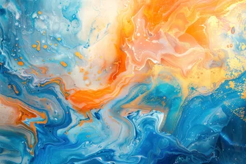 Poster Luxury Abstract Ocean Fluid Art Resin art painting background blue gold orange ink. © Hunman