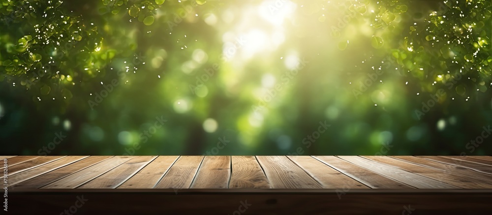 Poster a wooden table is featured in the foreground with a blurred forest in the background, creating a nat