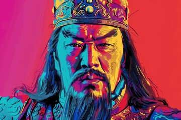 Pop Art Illustration of Genghis Khan as a Colorful Mongol Emperor and Historical Figure in a Vibrant Portrait