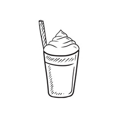 Tasty delicious pumpkin spicy latte coffee with straw and cream isolated on white background. Hand drawn vector sketch illustration in doodle engraved style. Cafe, coffee brake, ice latte, delicious.