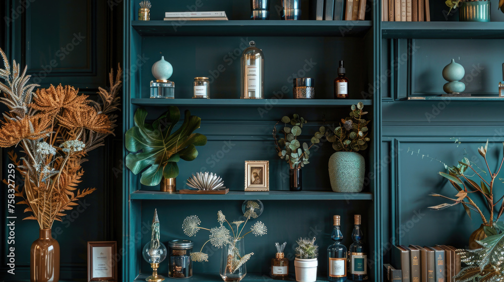 Poster collection of various bottles and vases displayed on a book shelf. ideal for interior design project
