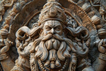 Fototapeta na wymiar Brahma the Creator God in Hinduism depicted as an intricate Indian sculpture