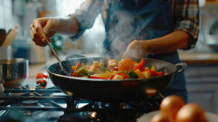 A woman cooking vegetables in a wok on a stove. Suitable for culinary and healthy cooking concepts