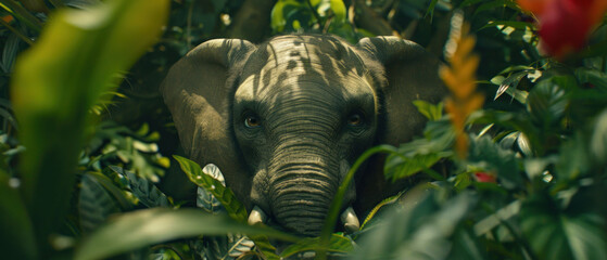 a close up of an elephant's face through the leaves of a bushy area with a red flower in the foreground.