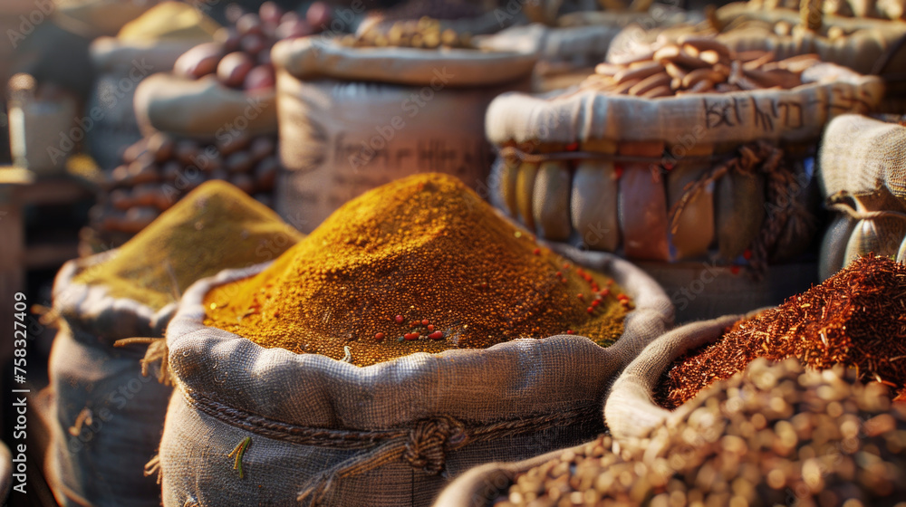 Aufkleber Assorted bags filled with different types of spices. Ideal for food and cooking concepts