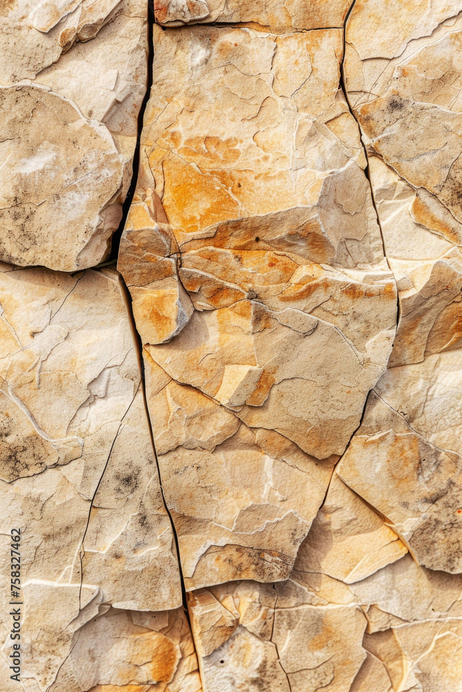 Poster Detailed close up of a rock wall with visible cracks. Suitable for background or texture use