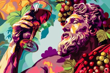 Dionysos mythological wine god in vibrant pop art style with ancient Greece themes