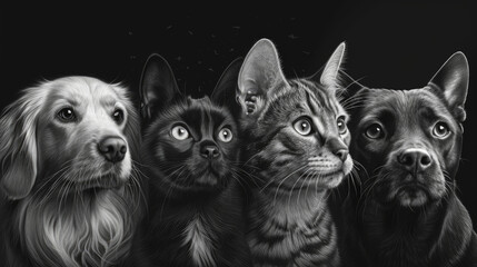 A group of cats and dogs captured in a black and white photo. Perfect for pet lovers