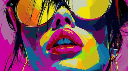 Colorful pop art style illustration of a woman with sunglasses and vibrant modern portrait