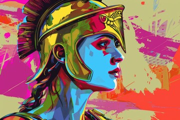 Athena portrayed in Pop-Art style as a Colorful Illustration of the Mythological Goddess with Helmet