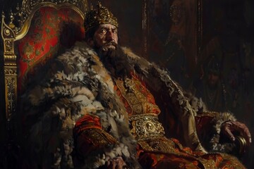 Ivan the Terrible in regal Russian epic tsar historical portrait with fur and crown - obrazy, fototapety, plakaty