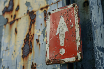 Rusted metal sign with a white arrow, suitable for directional concepts