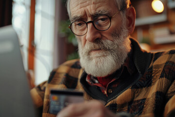 A man with a beard using a cell phone. Suitable for technology concepts