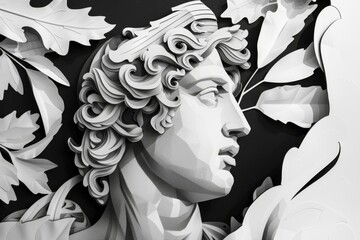 Apollo sculpture in Greek mythology art style with a classical marble bust showing the sun god with laurel leaves