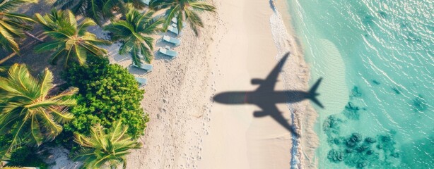 Aerial view of an airplane shadow flying over a tropical beach with palm trees and sun loungers on a white sand beach, in the style of a vacation concept banner Generative AI