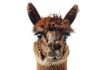 Close-up of a llama's face on a white background. Suitable for animal-themed designs