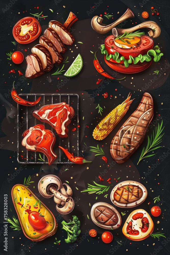 Poster assorted food items on a table, perfect for food-related projects