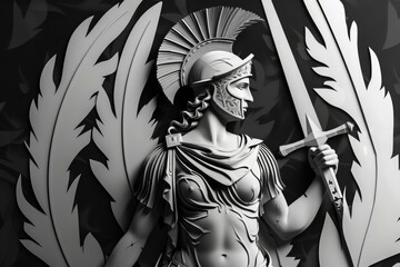 Athena, the Goddess of Strategy, in black and white, embodies mythology and warrior spirit with helmet and sword - obrazy, fototapety, plakaty