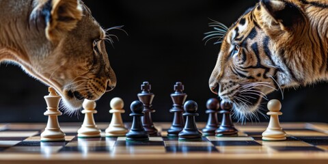 Regal Rivalry: A Lion and Tiger Face Off in a Game of Chess, A Metaphor for Strategy and Power in...