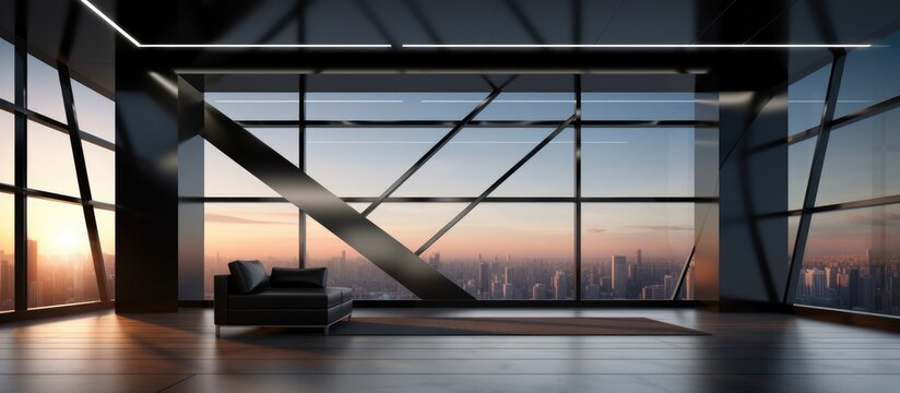 Abstract architectural interior design with sleek black and gradient wire gloss and spacious windows.