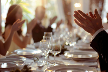 A group of people sitting at a dinner table clapping. Suitable for celebrations and events