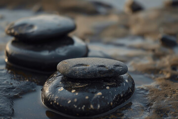 A pile of black rocks on a sandy beach. Suitable for nature and landscape themes