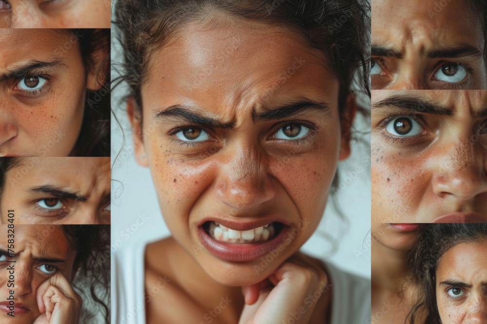 Poster a collage of photos featuring a woman with different facial expressions. suitable for illustrating a