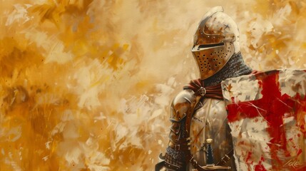 Crusader Knight in full armor with red cross shield painted in oil on textured canvas - obrazy, fototapety, plakaty
