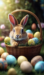 Easter, Easter eggs in a basket, a jolly hare carrying them.