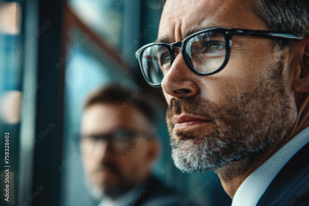 Poster a man in a suit and tie looking away from the camera. suitable for business concepts