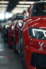 A row of red cars parked in a parking garage. Suitable for automotive industry promotions