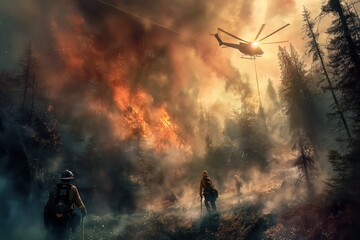 Aerial support joins firefighters on the ground amidst a fierce forest blaze, showcasing their courageous battle against the inferno.