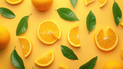 Juicy oranges with leaves on a vibrant yellow backdrop. Perfect for food and nutrition concepts