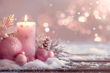 Fototapeta na wymiar A festive pink candle surrounded by Christmas decorations on a wooden table. Perfect for holiday-themed projects