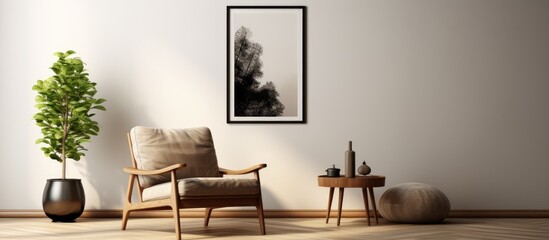 Minimalist living room setup with a stylish armchair, wooden stool, decor items, black poster frame, book, and personal accessories in a contemporary home design.