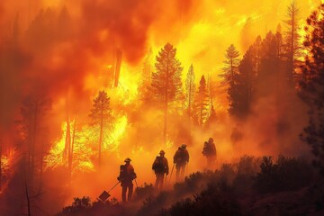 Fototapeta premium A team of brave firefighters marches through a fierce forest fire, battling flames amidst a smoky, ember-filled landscape as they work to contain the inferno.Five firefighters