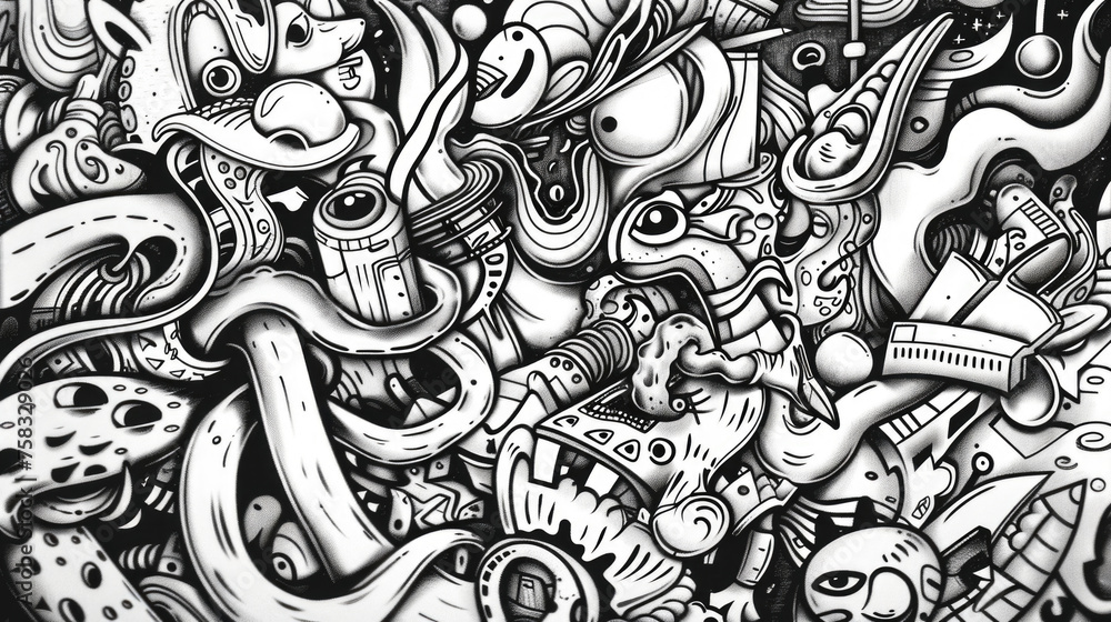 Aufkleber A detailed black and white drawing of various objects. Ideal for artistic projects