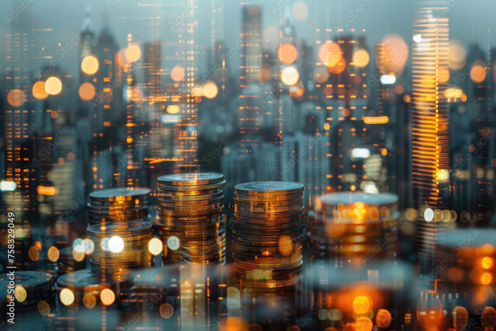 Poster a bunch of coins sitting on a table. suitable for financial concepts