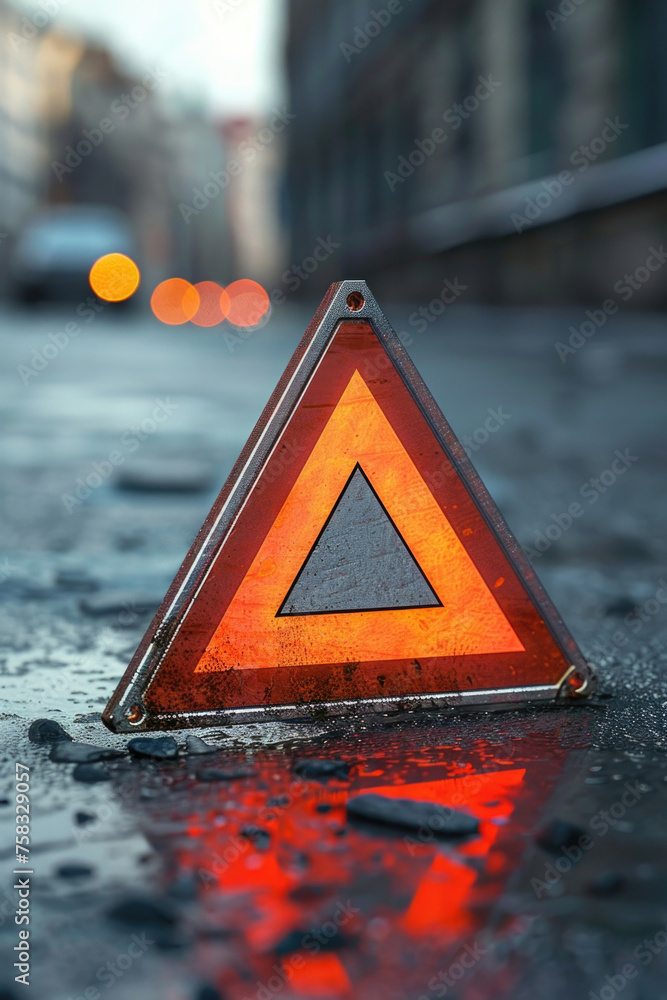 Poster a warning triangle on the side of a road, useful for safety concepts